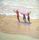 Drei Jungen am Strand mit Tuch  77 x 73 cm